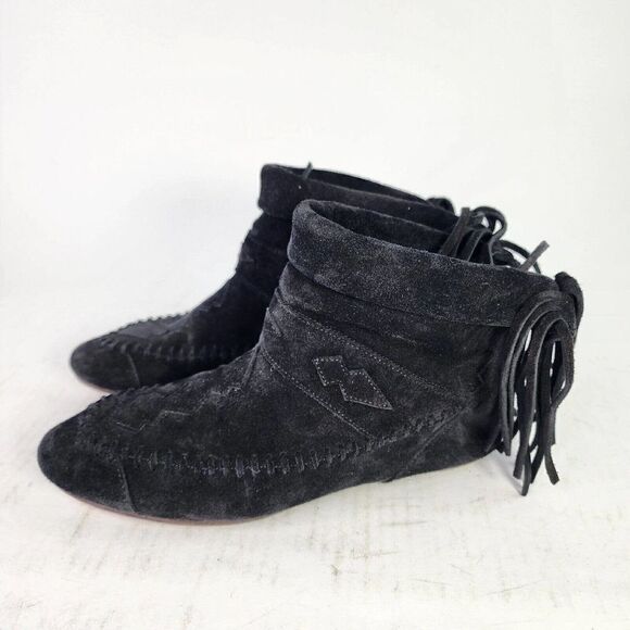 Saint Laurent Women's Nino Suede Fringe Boots US 6 Black Flat Ankle Bootie - Picture 1 of 11